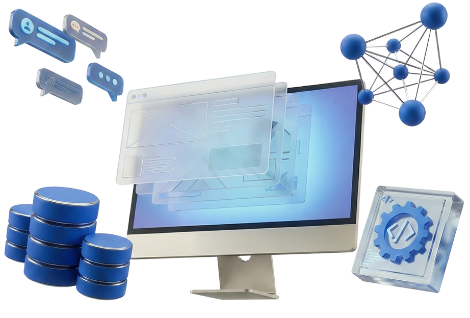 3D illustration of IT services: monitor, databases, and network elements