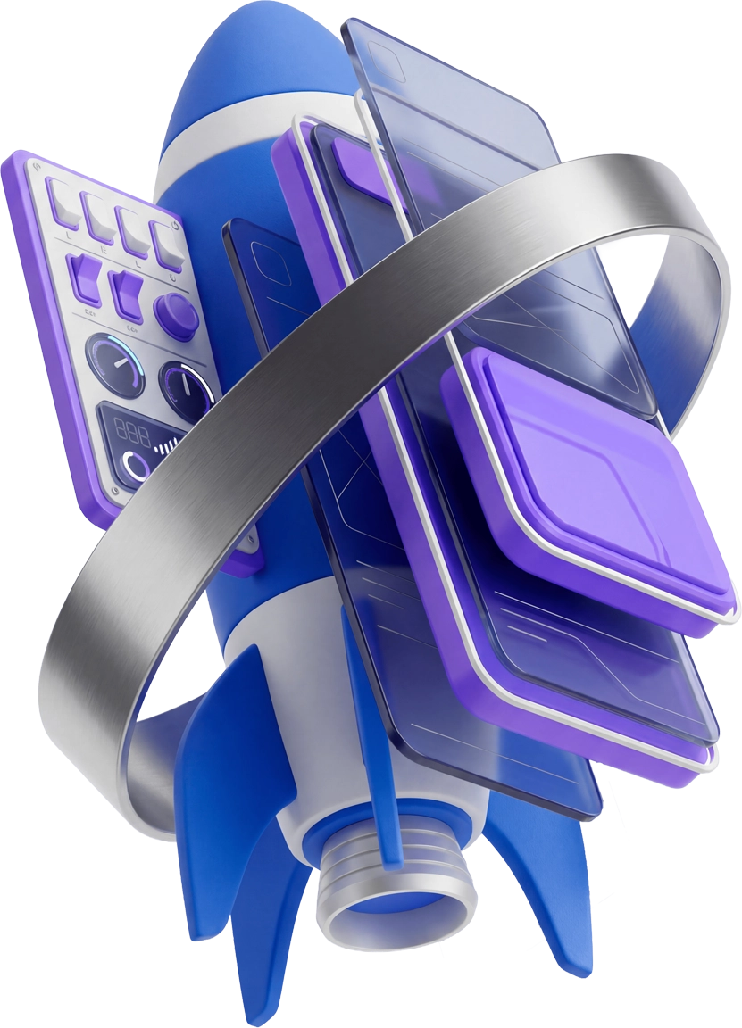 3D rocket with digital devices symbolizing modern IT solutions and fast project delivery