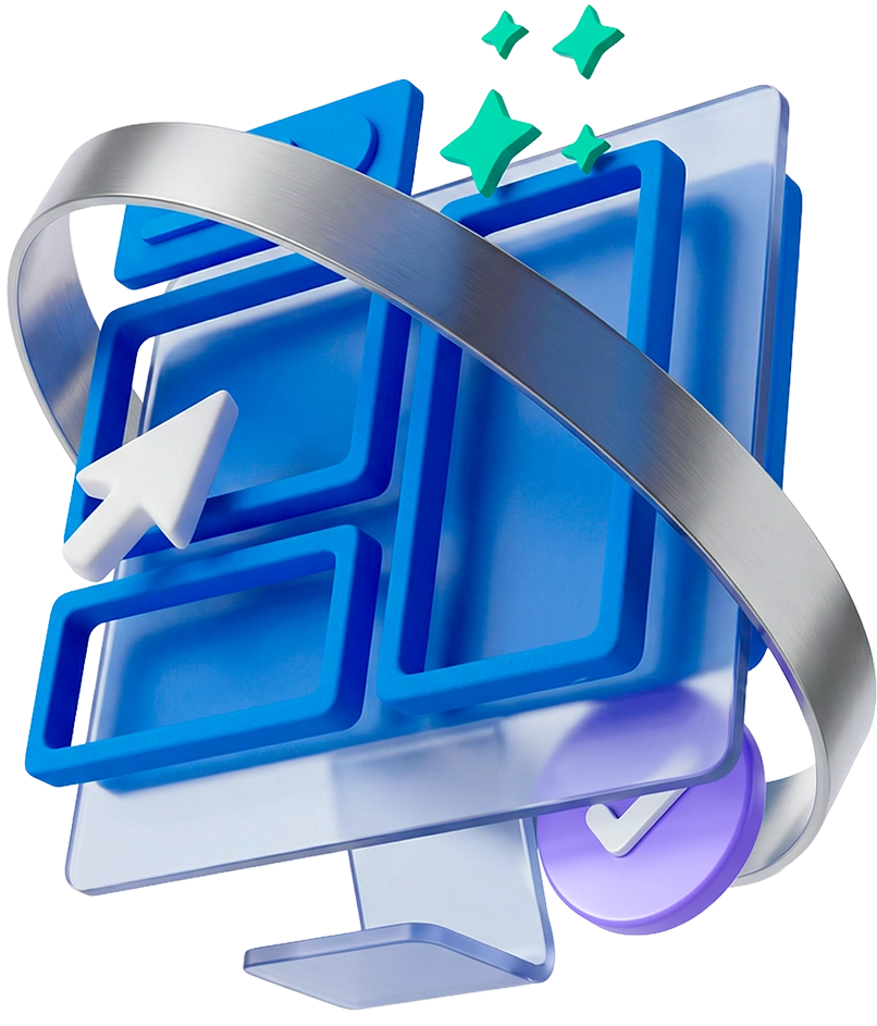 3D monitor with layered interface panels, cursor, and checkmark symbolizing clean digital solutions