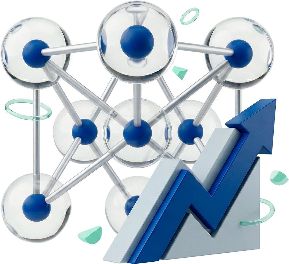 2.1 3D neural network structure with growth chart arrow symbolizing AI automation and business scaling