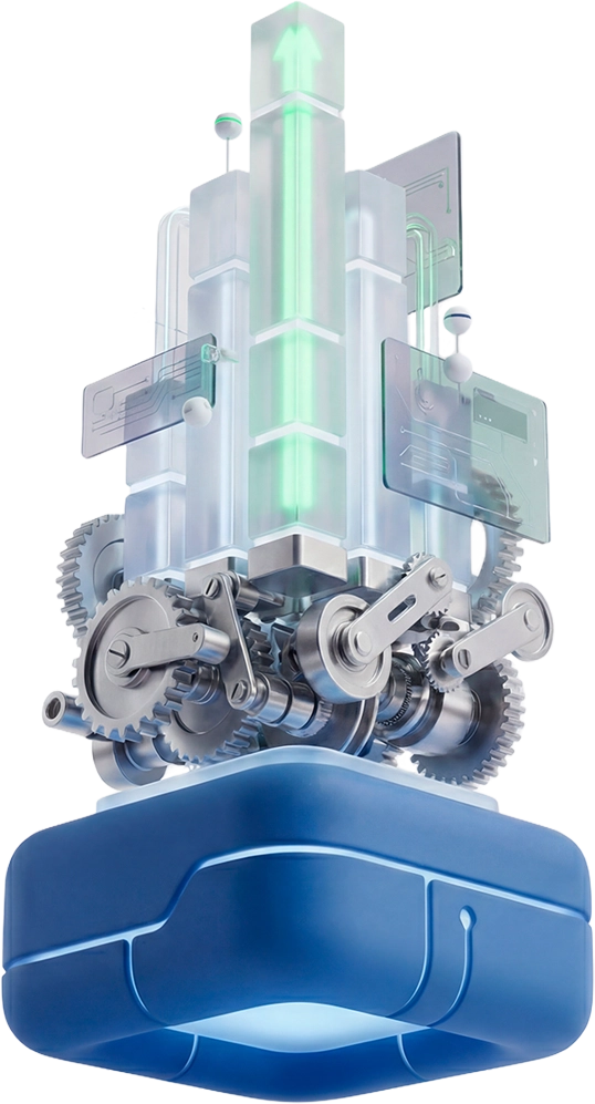 2.2 3D transparent machine with gears and glowing core representing reliable and open AI automation systems