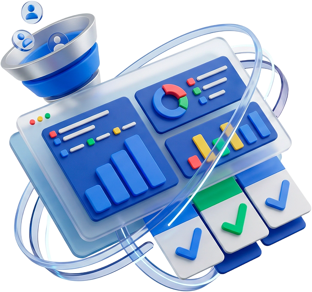 3.1 3D CRM dashboard with sales funnel, charts, and checkmarks representing CRM setup and lead management