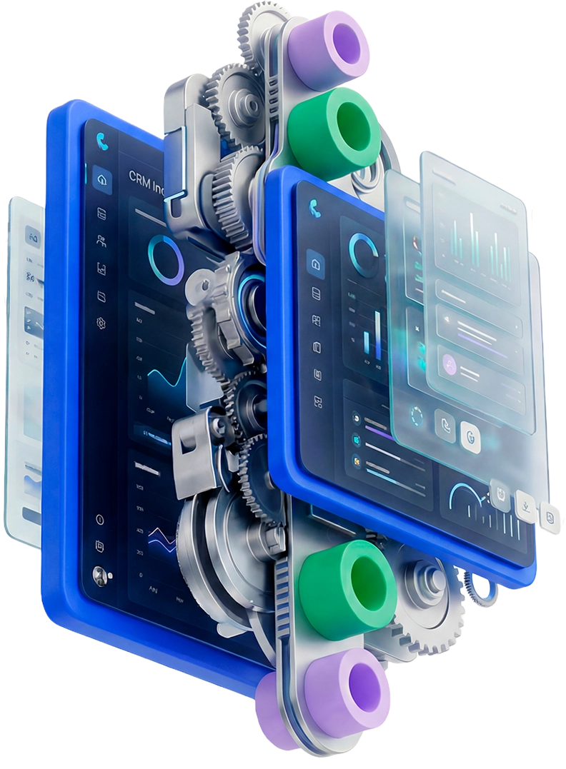 3.2 3D CRM interface with gears and analytics screens representing ongoing CRM support and automation