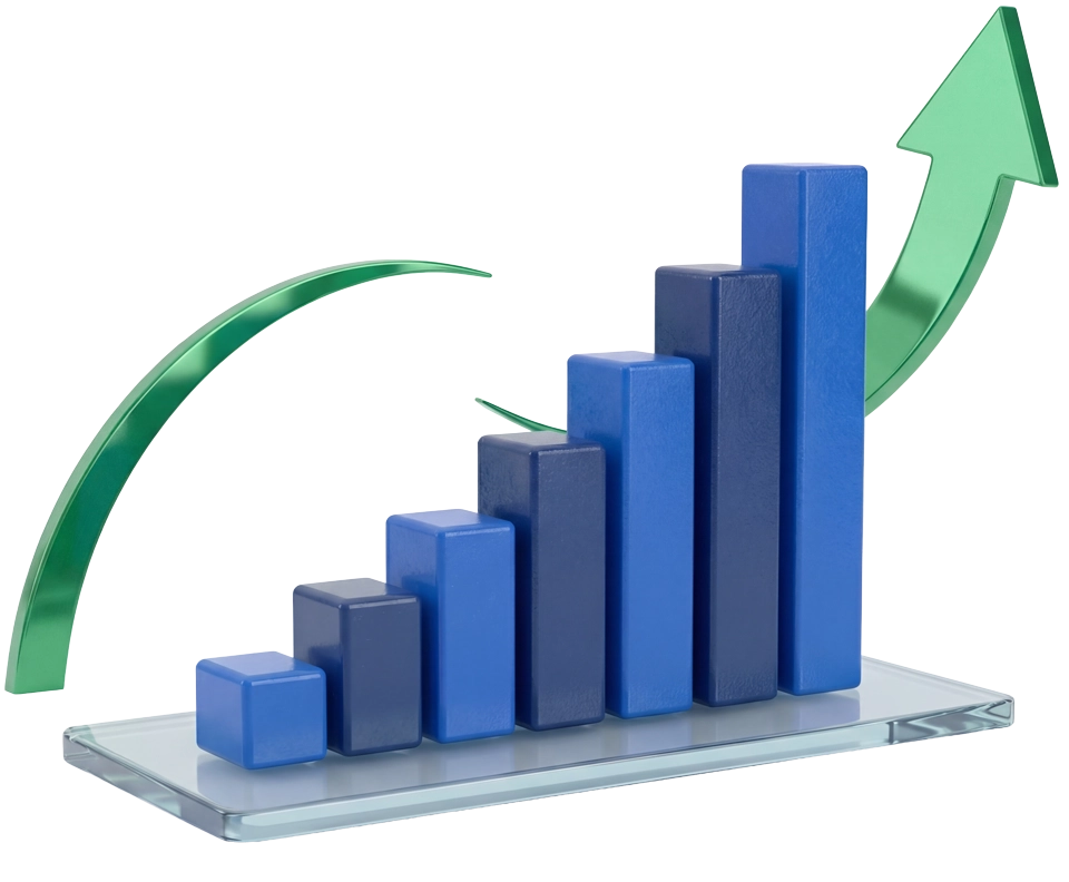 3.3 3D bar chart with rising green arrow symbolizing business growth through reliable CRM support