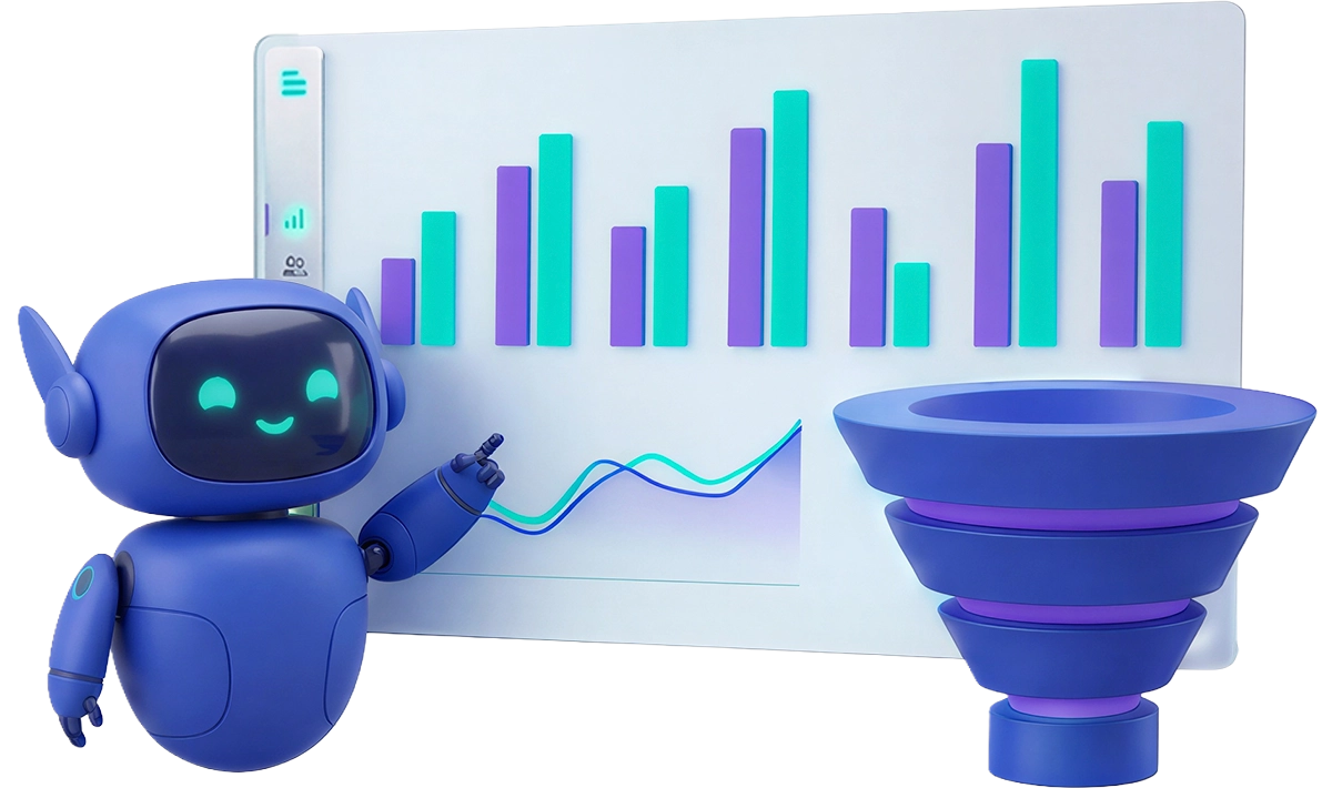 4.1 3D robot assistant presenting sales chart and conversion funnel representing AI chatbot for business