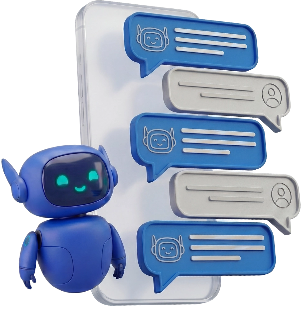 4.2 3D robot next to smartphone with chat messages illustrating AI chatbot managing customer conversations