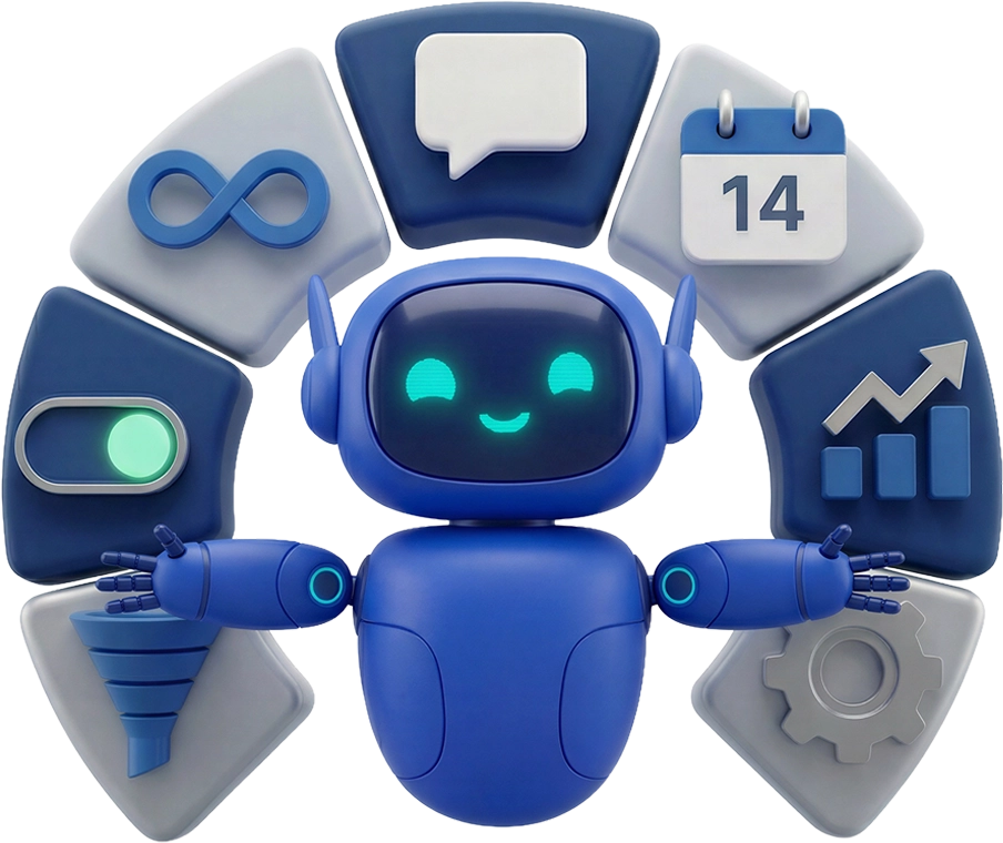 4.3 3D robot surrounded by business tool icons including chat, calendar, and analytics representing AI manager features