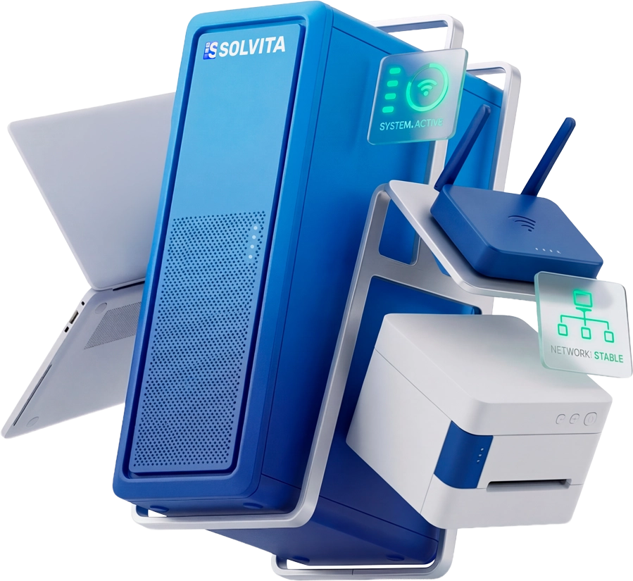 3D server tower, laptop, router, and printer representing IT support and network infrastructure services