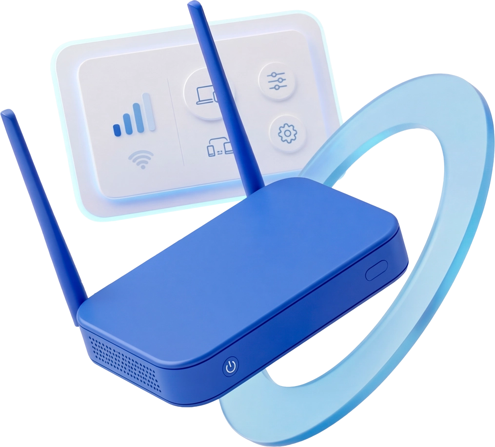 6.1 3D Wi-Fi router with network dashboard panel representing network setup and wireless support services