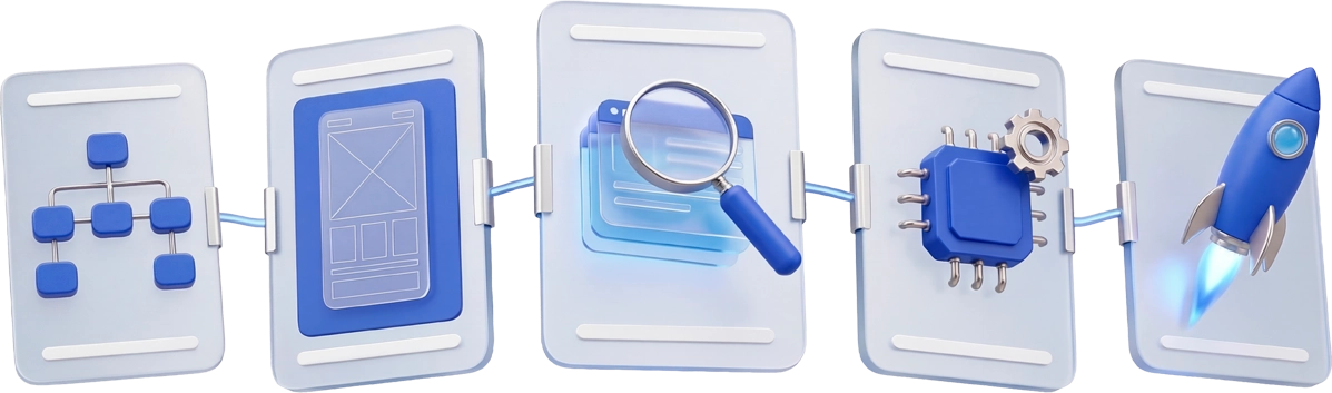 3D cards showing website development stages: structure, wireframe, SEO audit, development, and launch