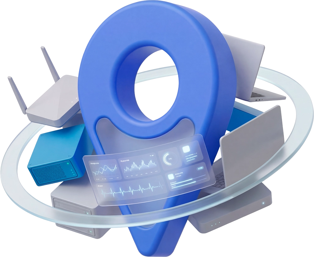 8.1 3D location pin with IT devices and diagnostic screen representing on-site IT support at client location