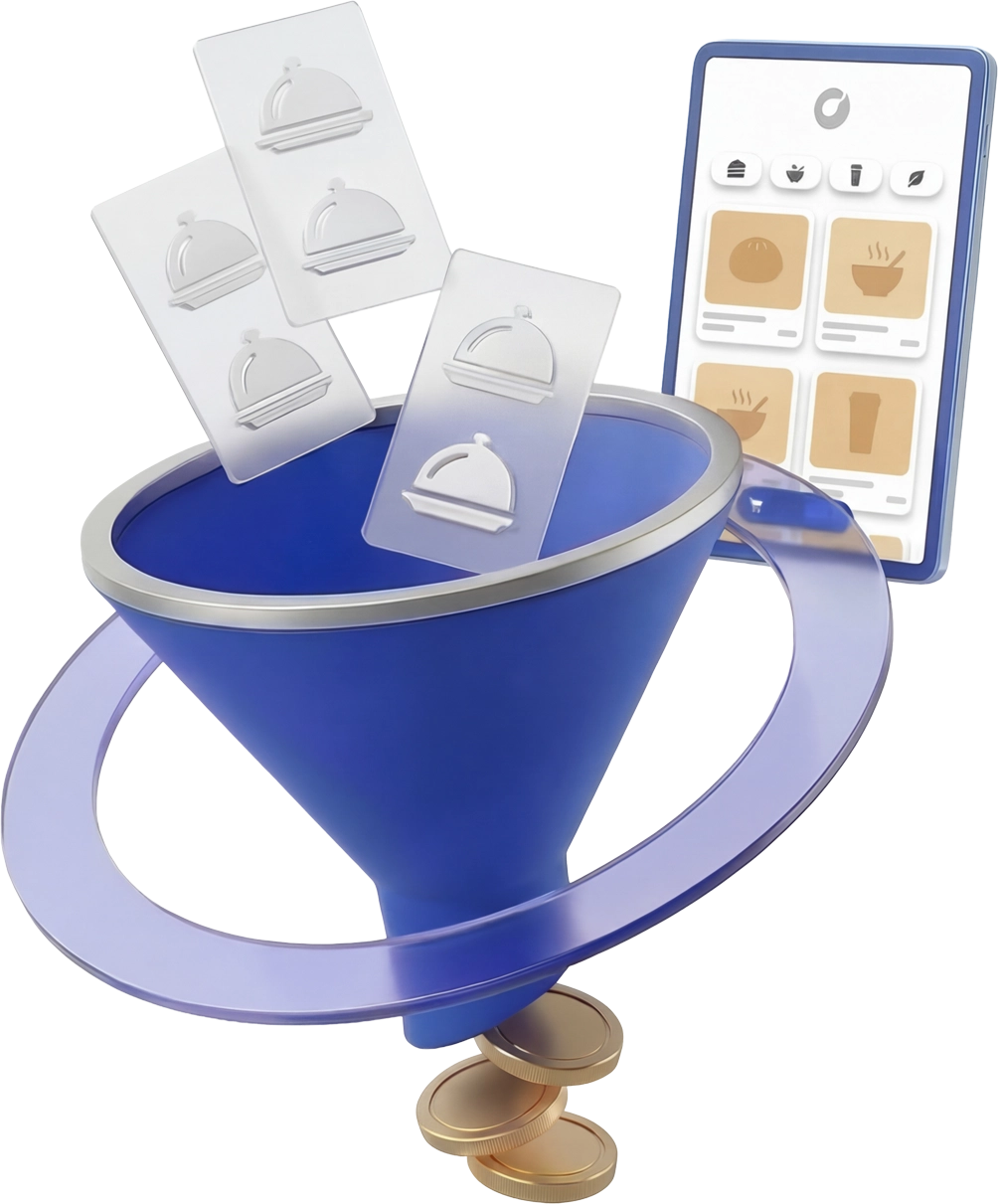 9.2 3D sales funnel with restaurant menu cards and coins representing AI-powered upsell and order optimization
